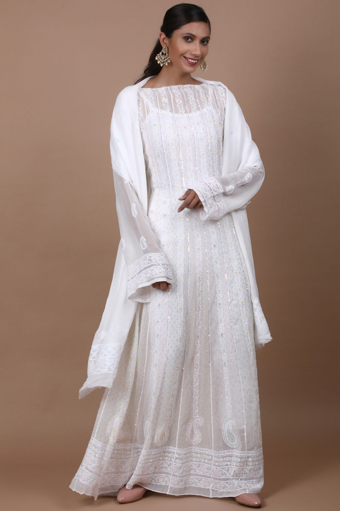 Ada Hand Embroidered White Georgette Lucknowi Chikankari Semi-Stitched Anarkali Kurta Dupatta Set With Sequinned Work 01A260997