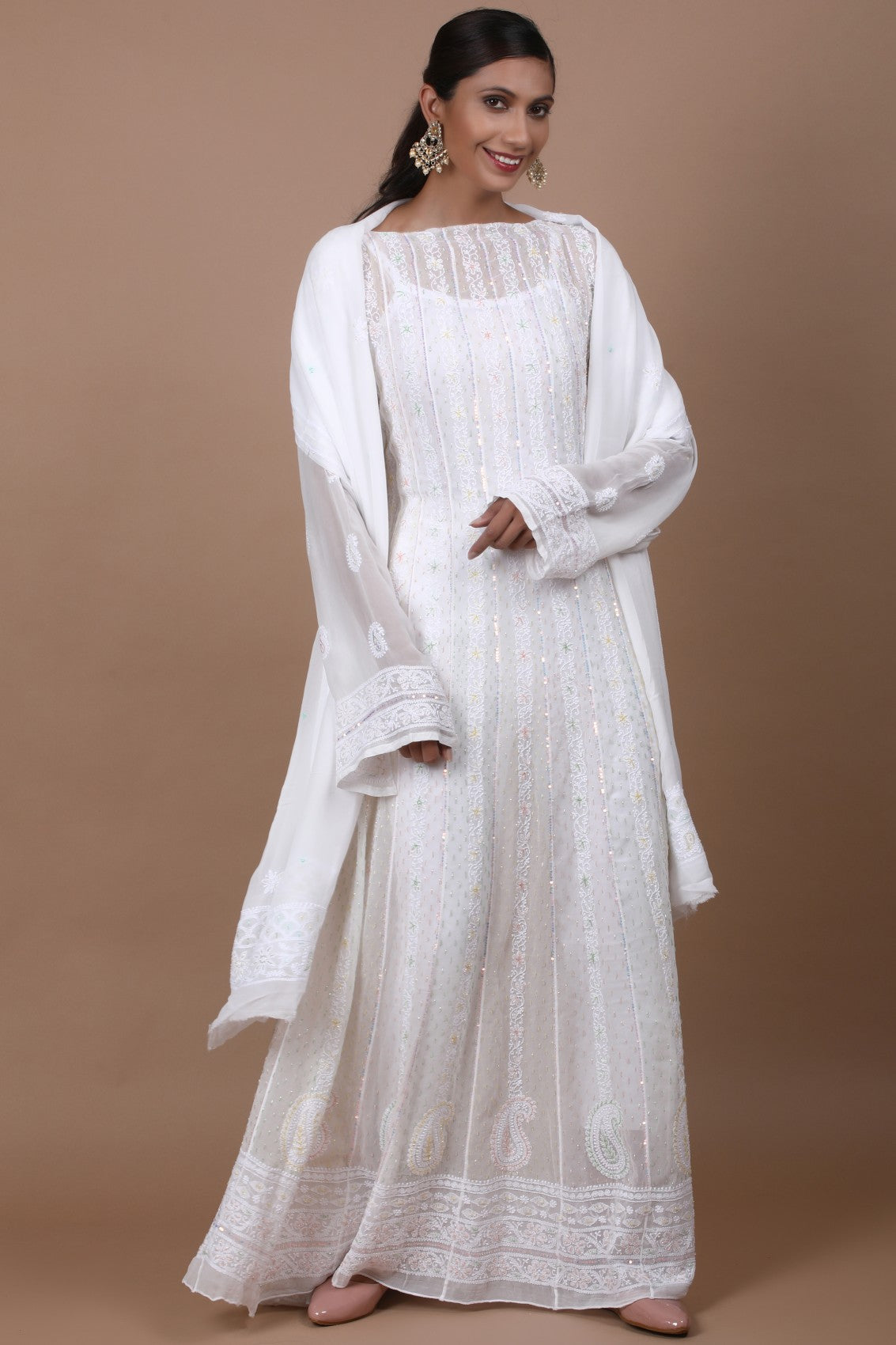 Ada Hand Embroidered White Georgette Lucknowi Chikankari Semi-Stitched Anarkali Kurta Dupatta Set With Sequinned Work 01A260997