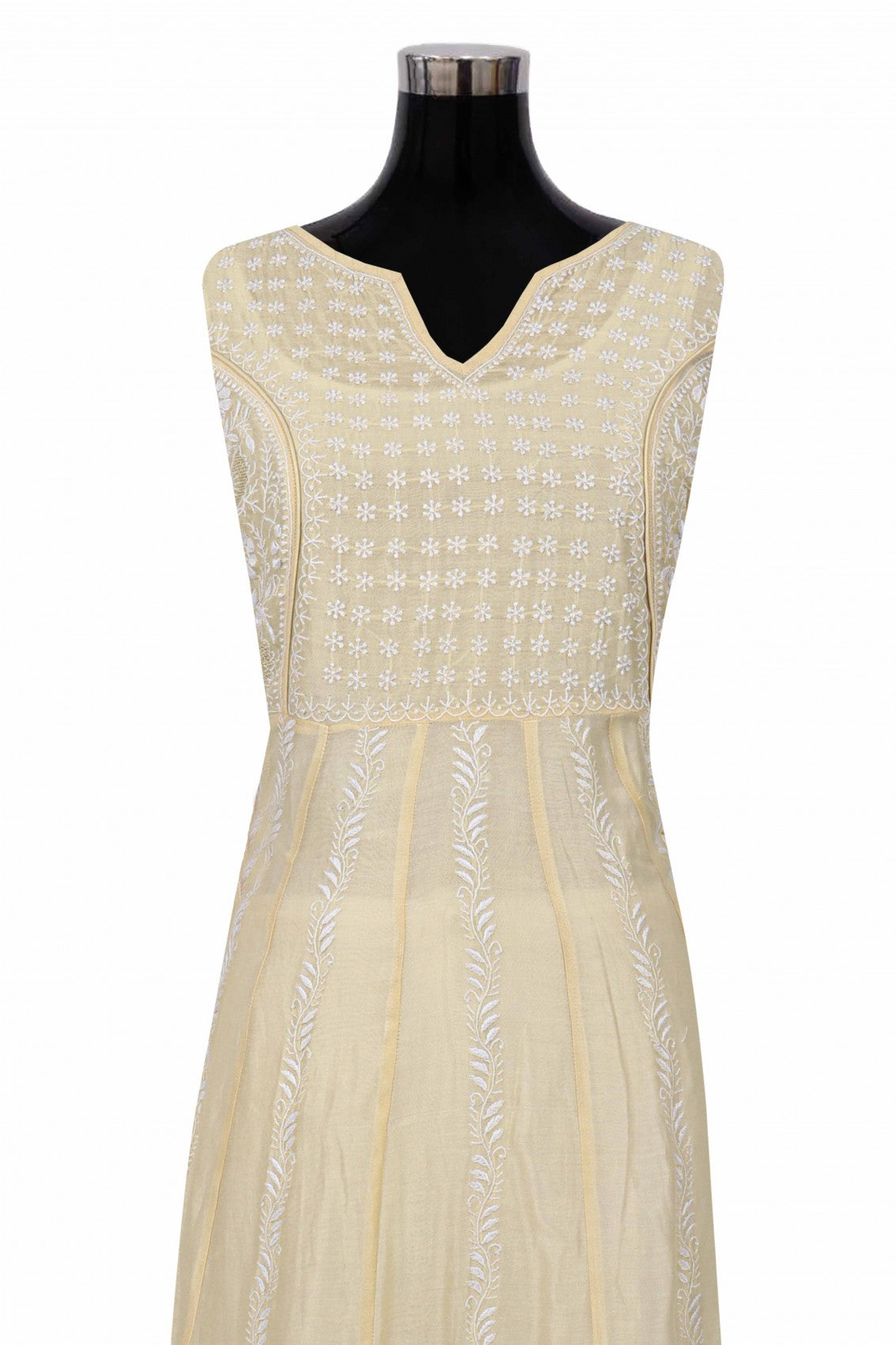 Ada Hand Embroidered Fawn Chanderi Lucknowi Chikankari Semi-Stitched Anarkali Kurta Dupatta Set 01A205808