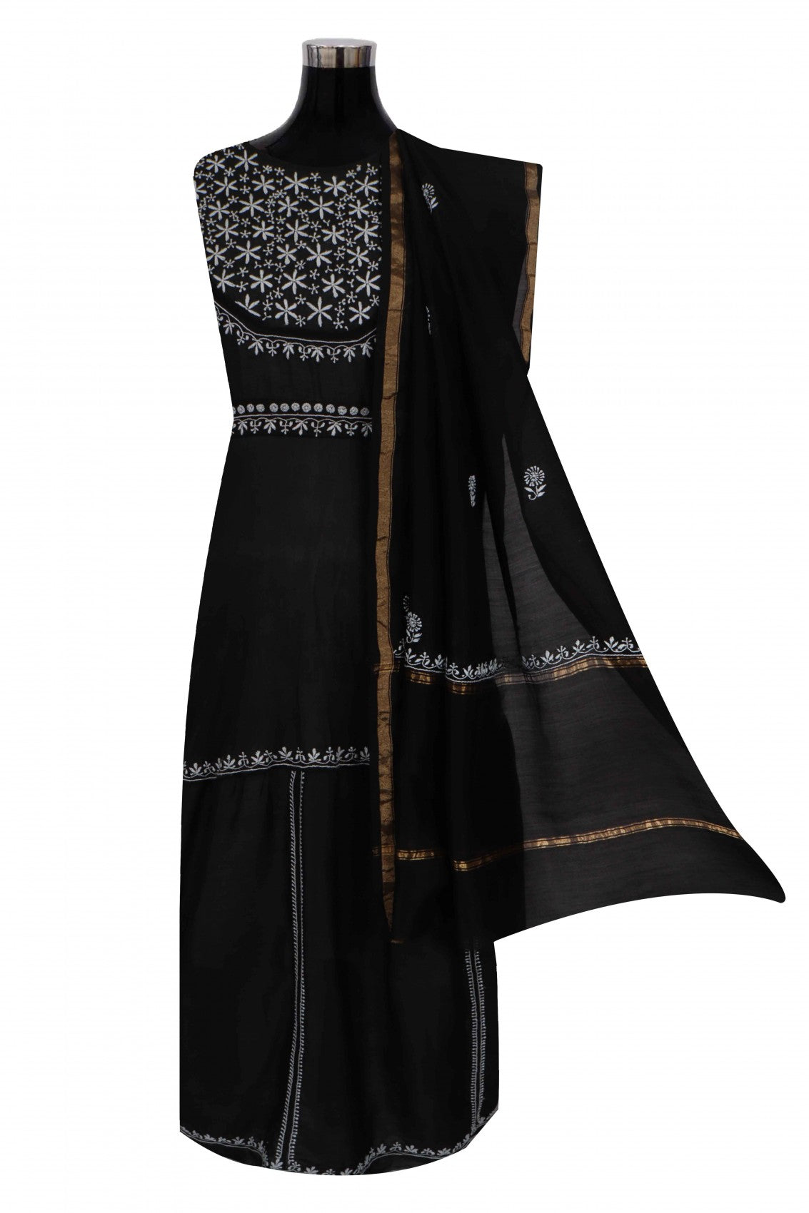Ada Hand Embroidered Black Chanderi Lucknowi Chikankari Semi-Stitched Anarkali Kurta Dupatta Set 01A216284
