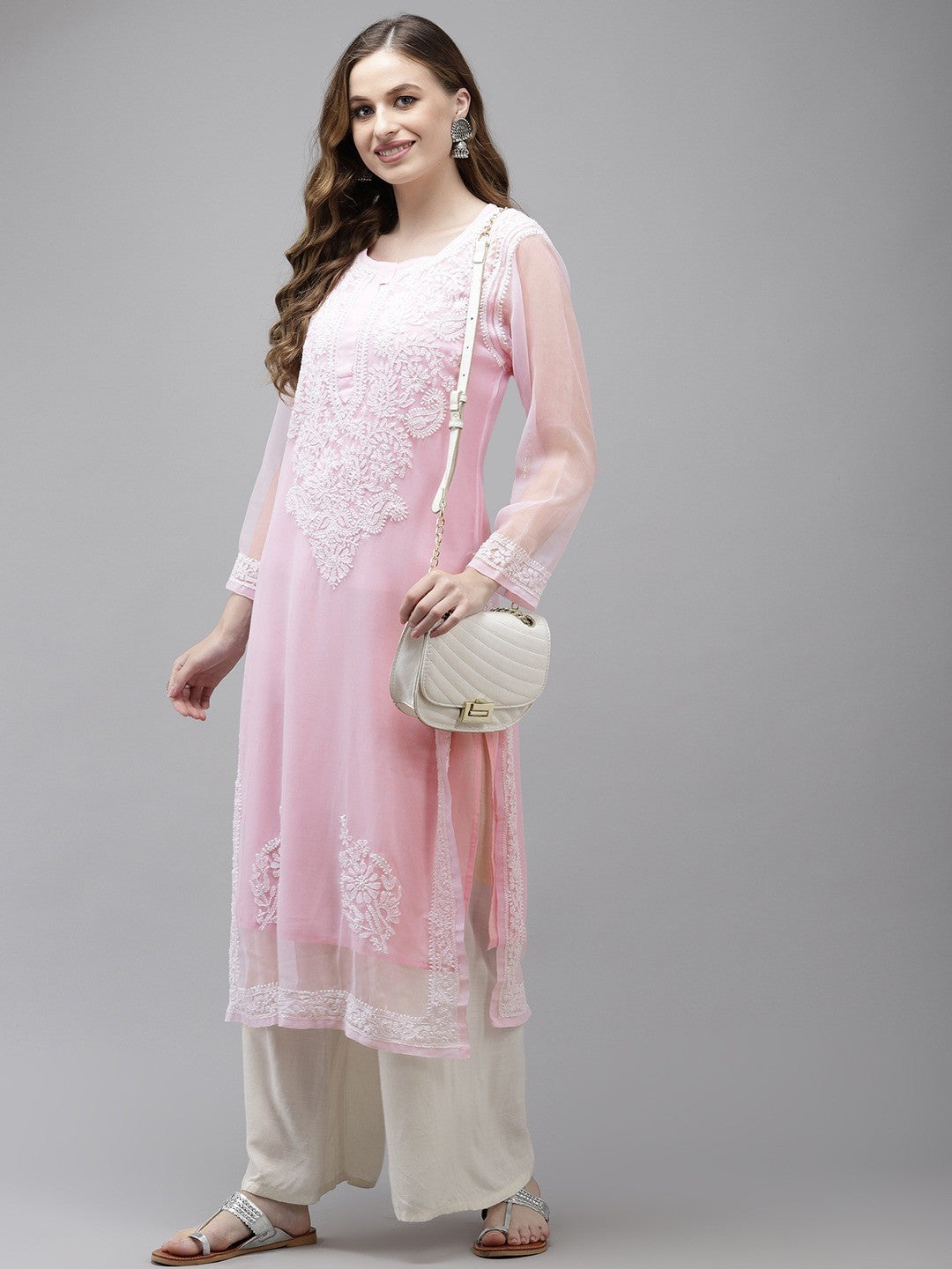Ada Hand Embroidered Baby Pink Georgette Lucknow Chikan Kurta with Slip A411364