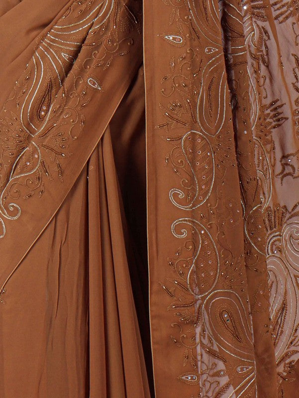 Ada Hand Embroidered Peanut Brown Georgette Lucknowi Chikan Saree/Blouse With Pearl Work A522862