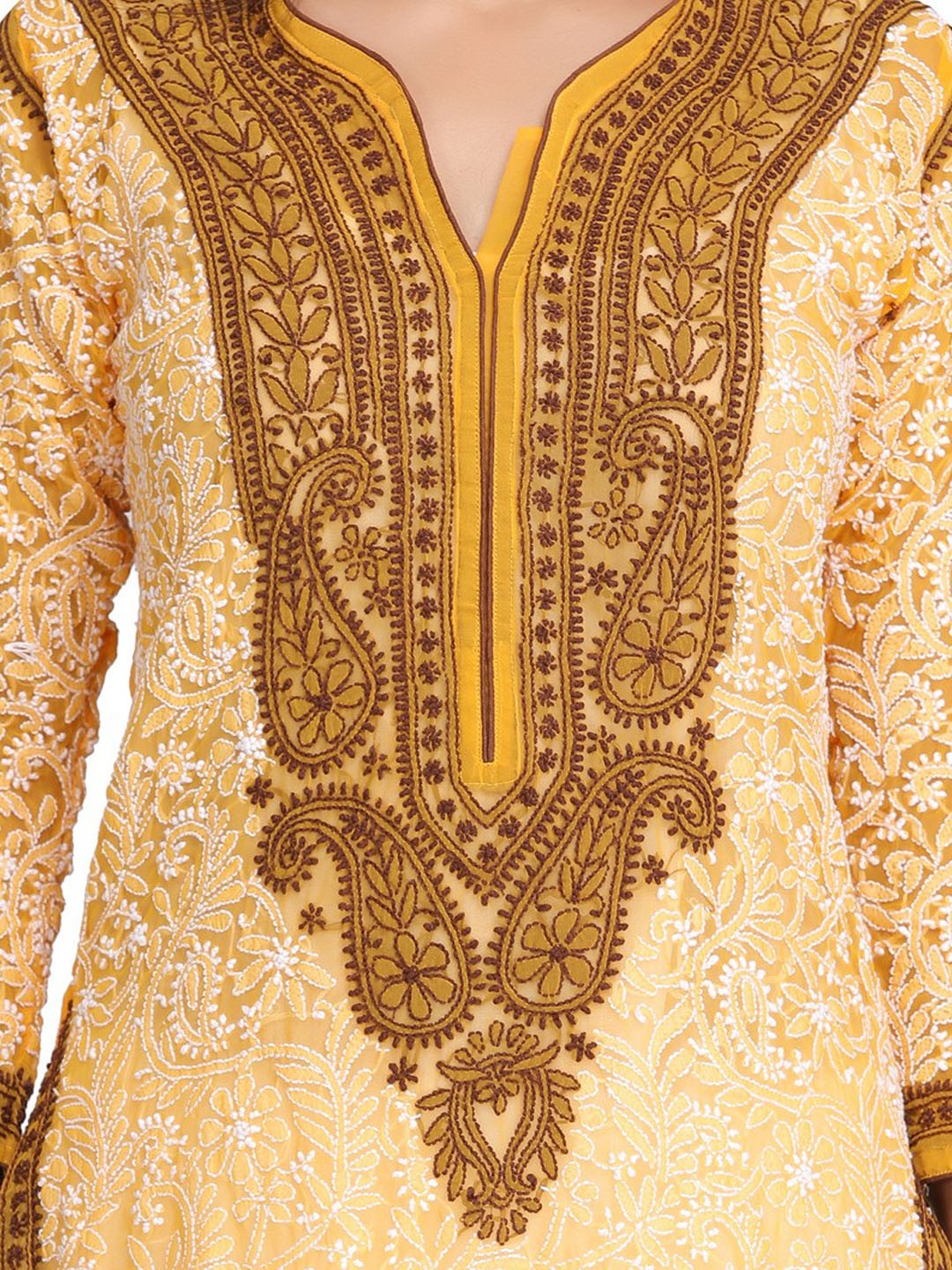 Ada Hand Embroidered Yellow Georgette Lucknow Chikan Kurta A273805
