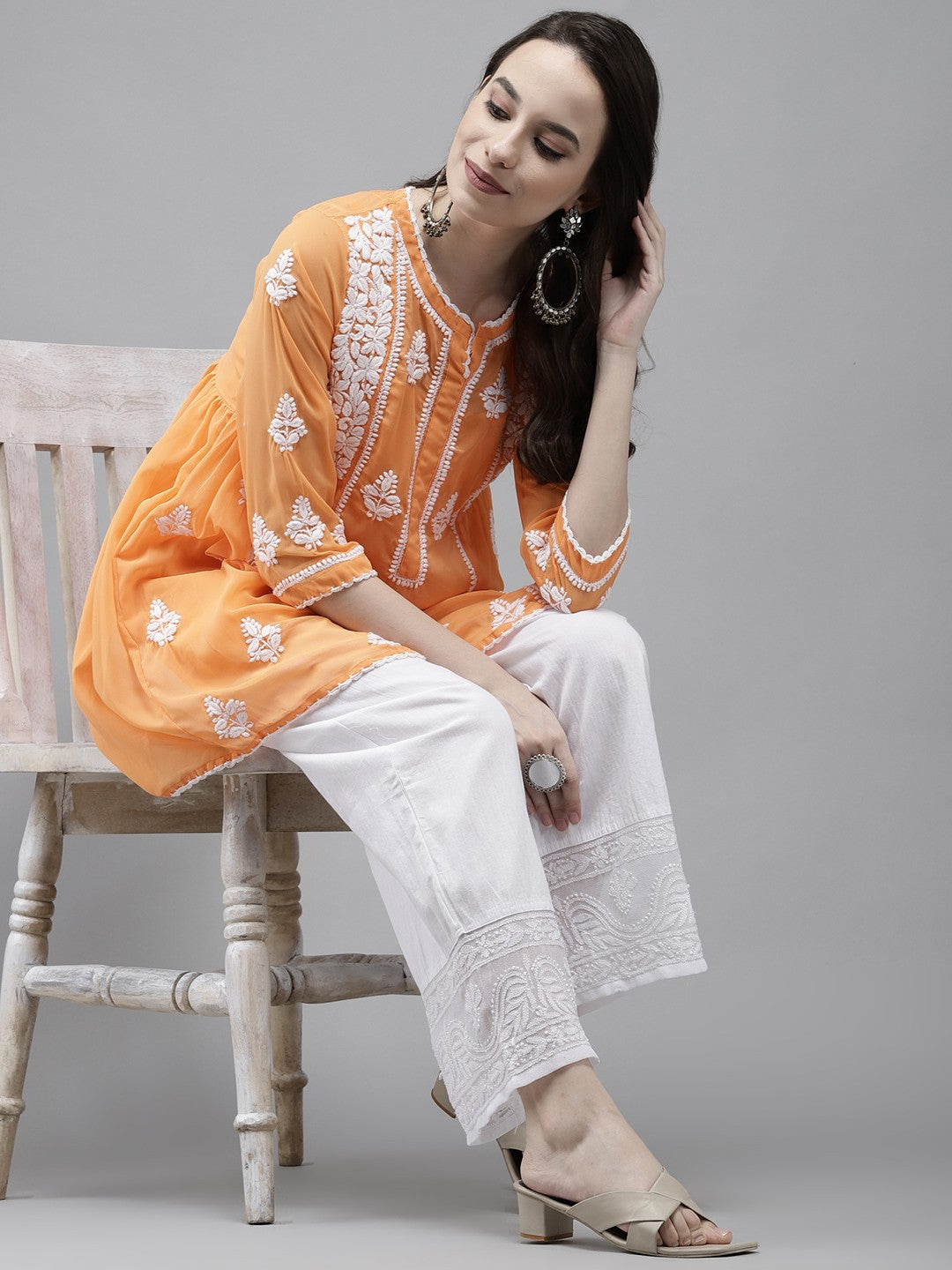 Ada Hand Embroidered Orange Georgette Lucknowi Chikankari Flared Kurti with slip A911149