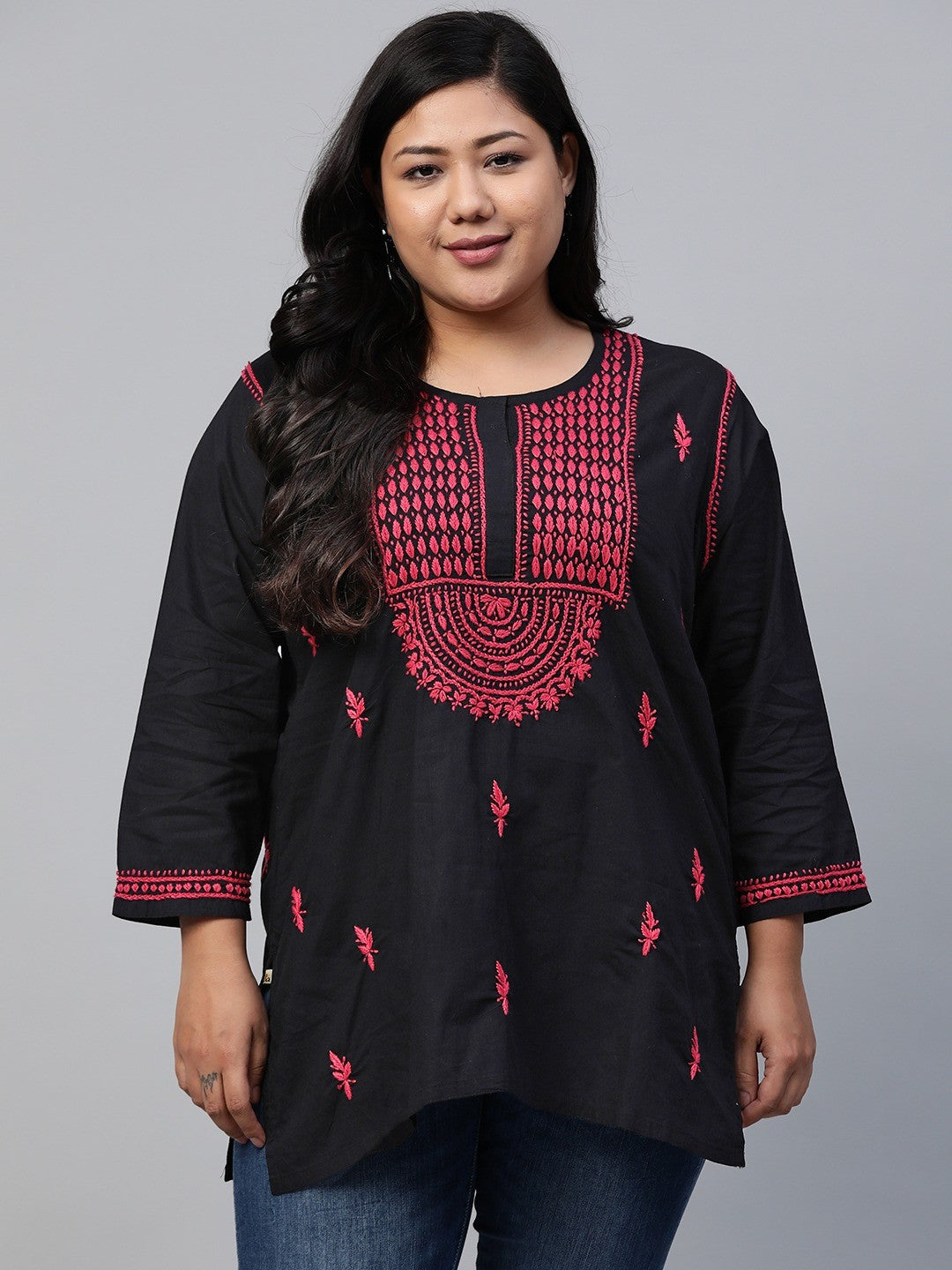 Ada Hand Embroidered Black Cotton Lucknowi Chikankari Straight Kurti A100387