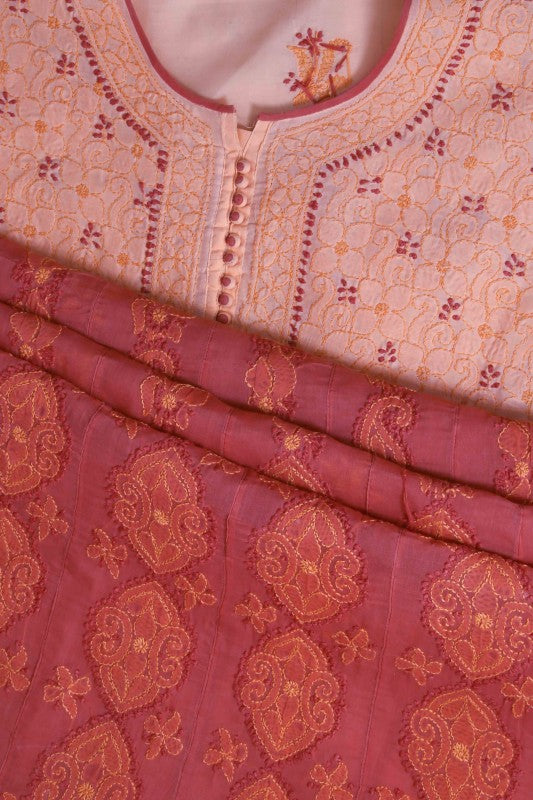 Ada Hand Embroidered Peach/Blush Red Cotton Lucknowi Chikan Unstitched Suit Piece A609640