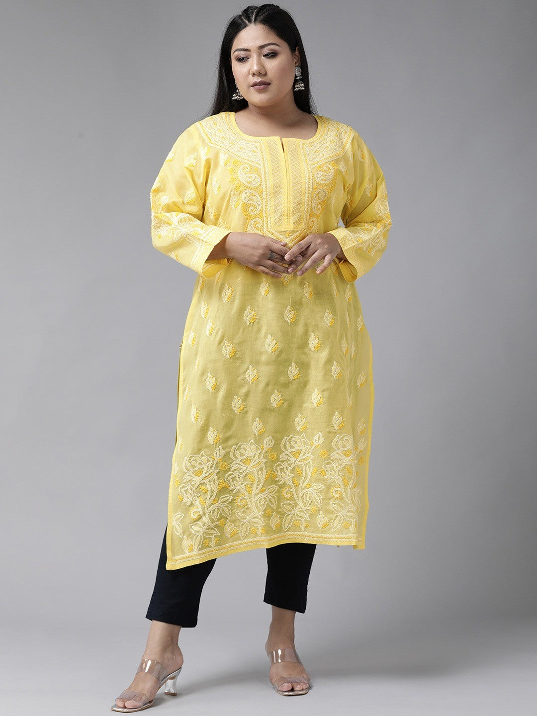 Ada Hand Embroidered Yellow Cotton Lucknowi Chikankari Straight Kurta A229829