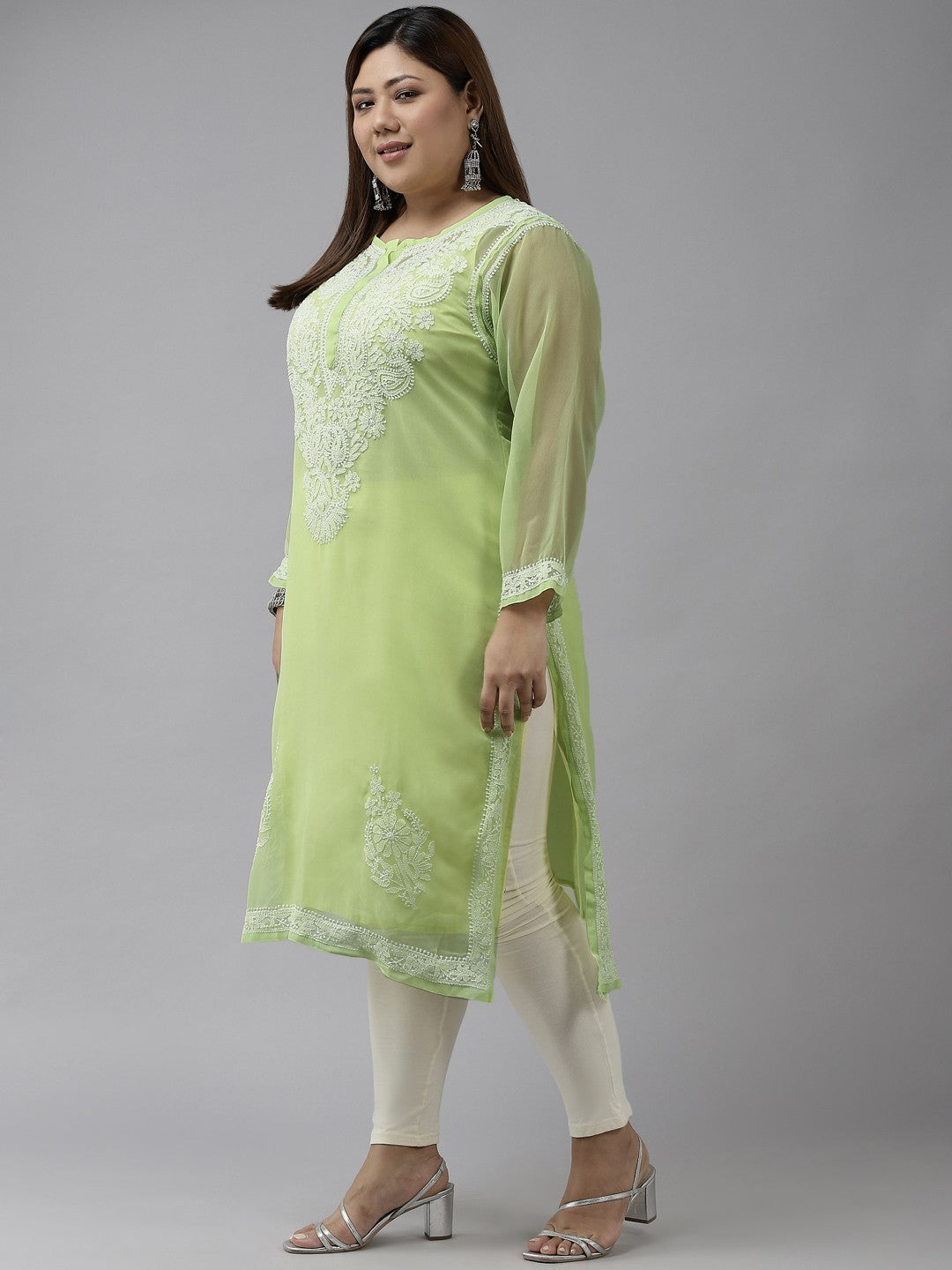 Ada Hand Embroidered Parrot Green Georgette Lucknowi Chikankari Straight Kurta With Slip A411365