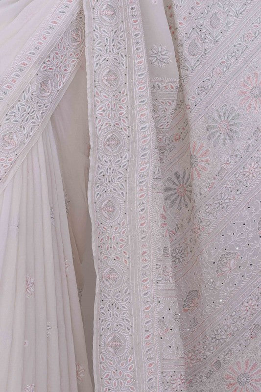 Ada Hand Embroidered White Pure Georgette Lucknowi Chikankari Saree With Blouse-A565718