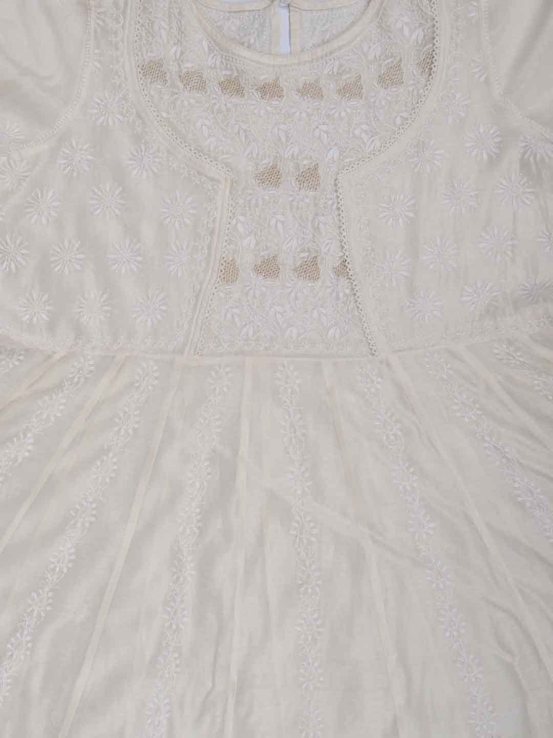 Ada Hand Embroidered Cream Chanderi Lucknowi Chikankari Semi-Stitched Anarkali Kurta Dupatta Set With Zari Work 01A205798