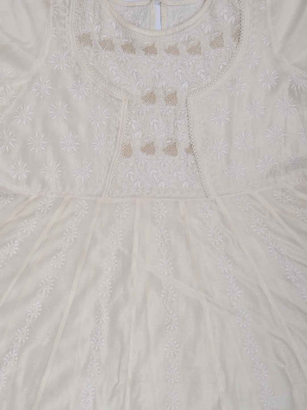 Ada Hand Embroidered Cream Chanderi Lucknowi Chikankari Semi-Stitched Anarkali Kurta Dupatta Set With Zari Work 01A205798