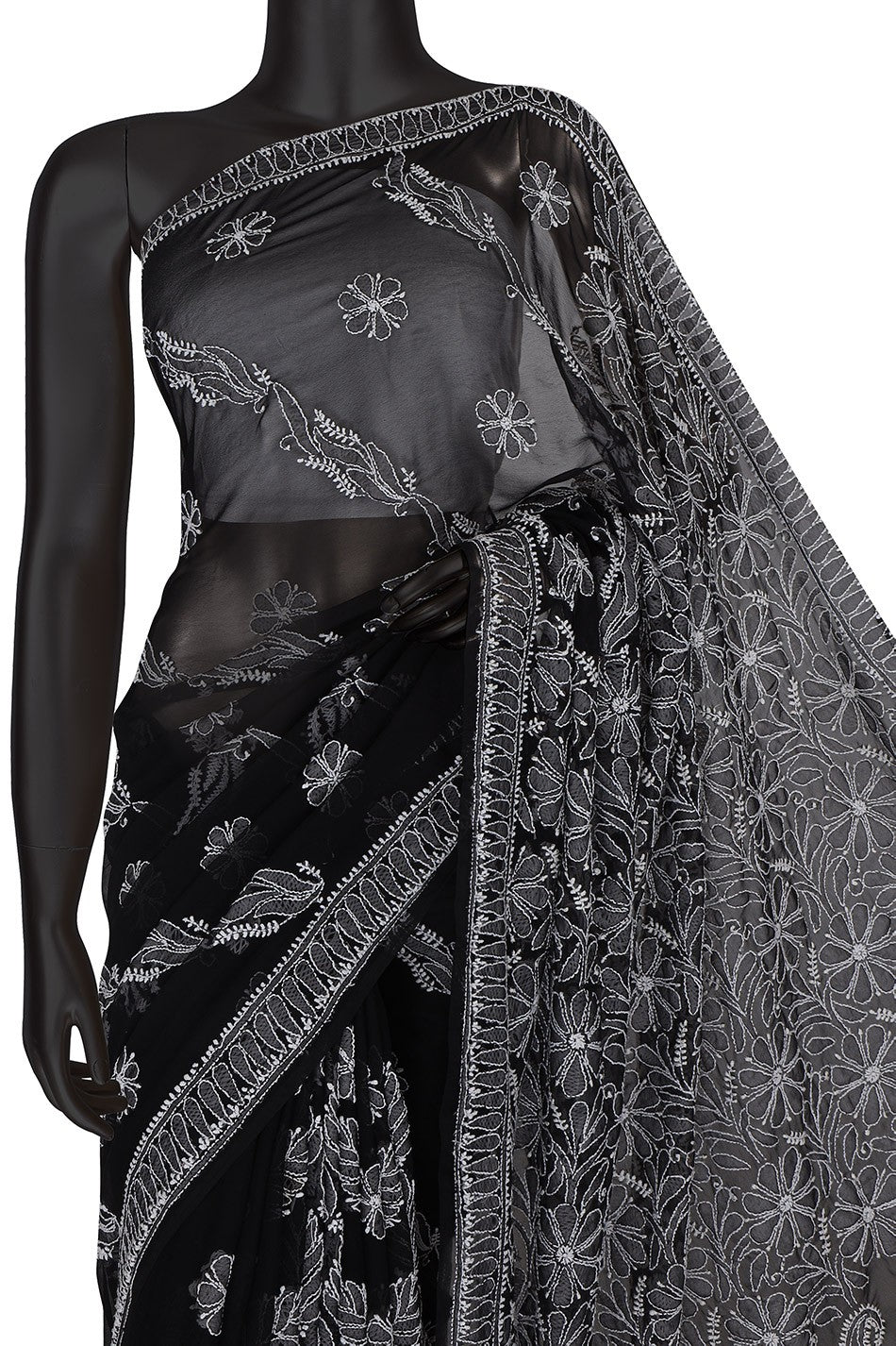 Ada Hand Embroidered Black Georgette Lucknowi Chikankari Saree With Blouse- A621552