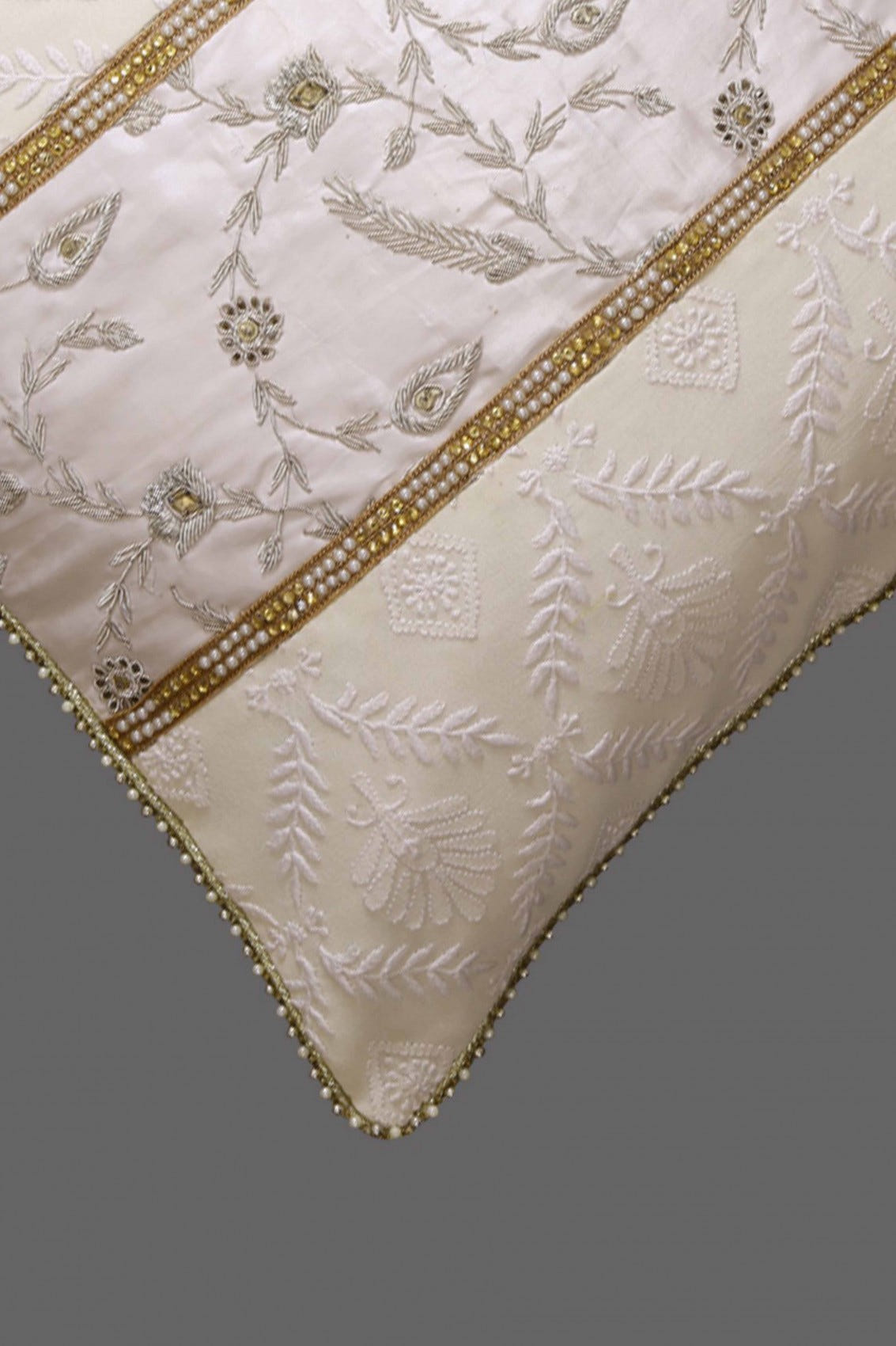Ada Hand Embroidered White Pure Georgette Lucknowi Chikankari Cushion Cover With Pearl Work 01A33720