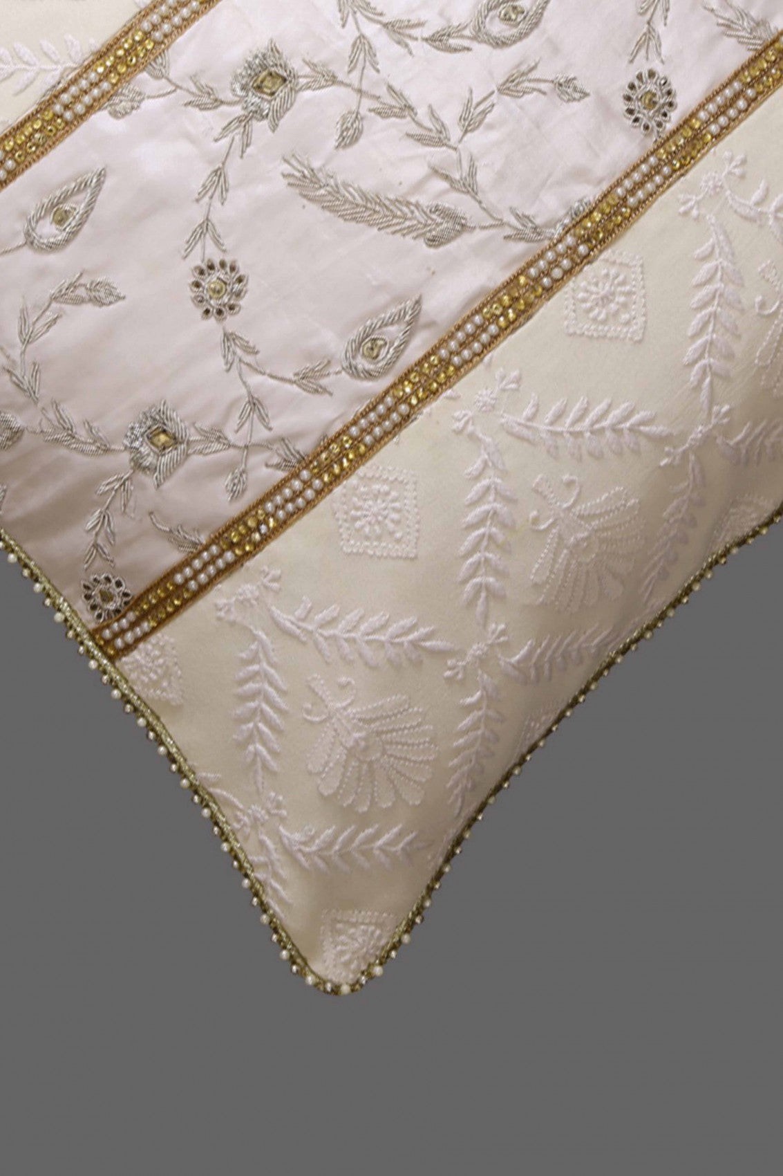 Ada Hand Embroidered White Pure Georgette Lucknowi Chikankari Cushion Cover With Pearl Work 01A33720