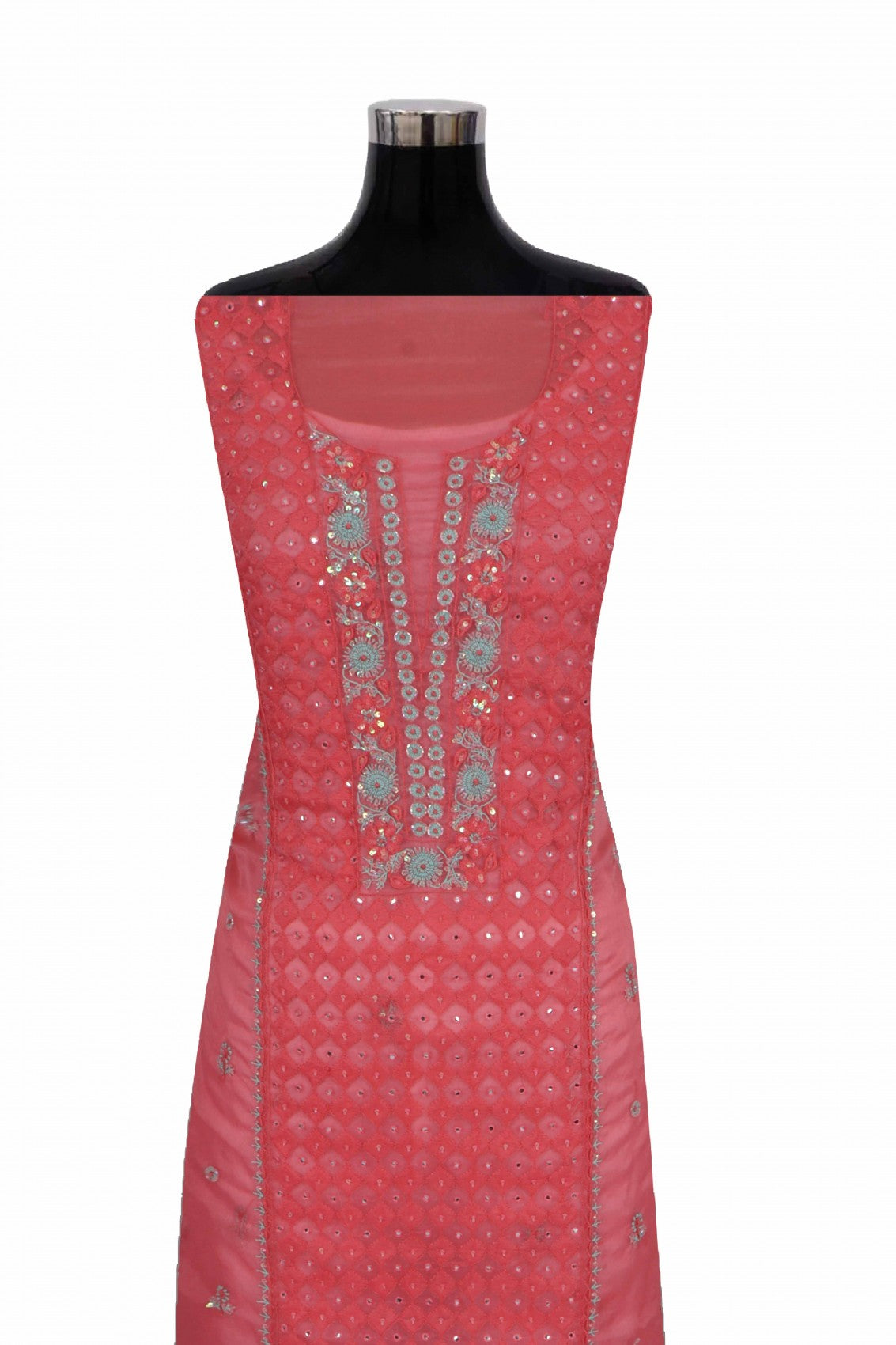 Ada Hand Embroidered Carrot Pink Organza Lucknowi Chikankari Unstitched Kurta Dupatta Set With Cutdana Work 01A121931