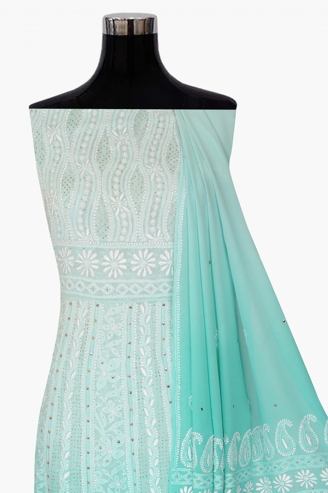 Ada Hand Embroidered Dual Shade Of Sea Green Pure Georgette Lucknowi Chikankari Semi-Stitched Anarkali Kurta Dupatta Set With Muqaish Work 01A313773