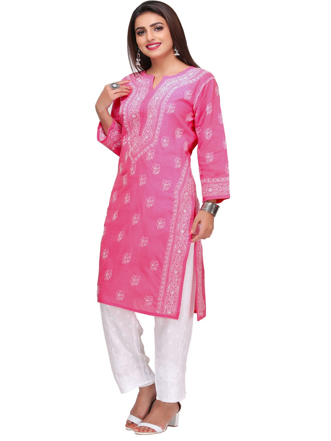 Ada Hand Embroidered Onion Pink Cotton Lucknowi Chikankari Straight Kurta A414011