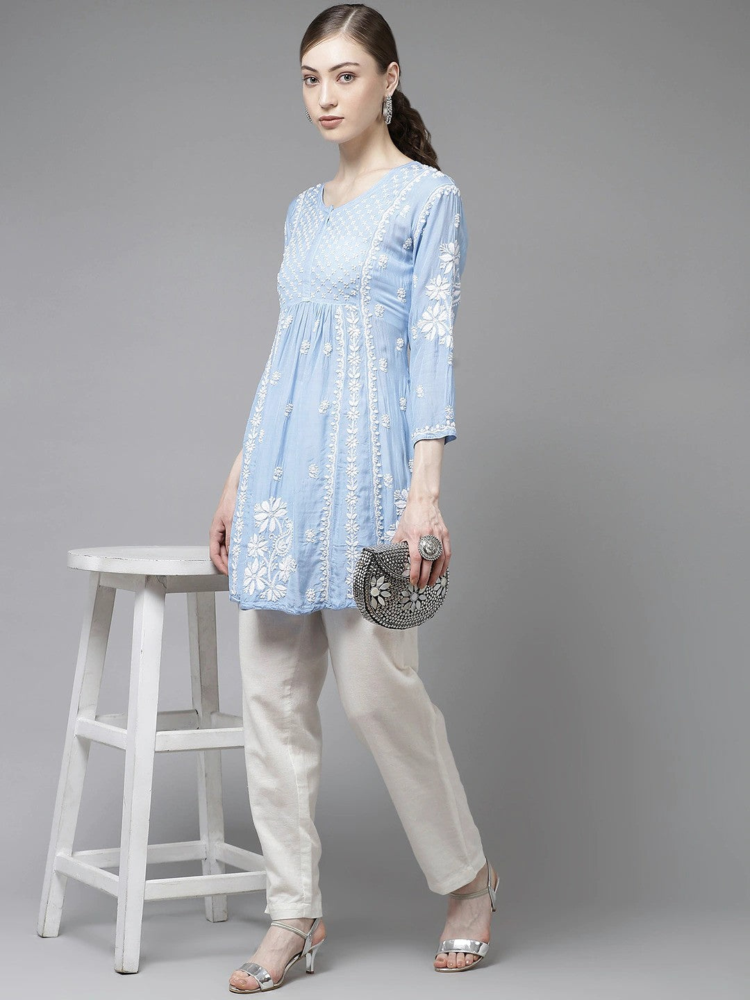 Ada Hand Embroidered Blue Muslin Lucknow Chikan Kurti-A911129