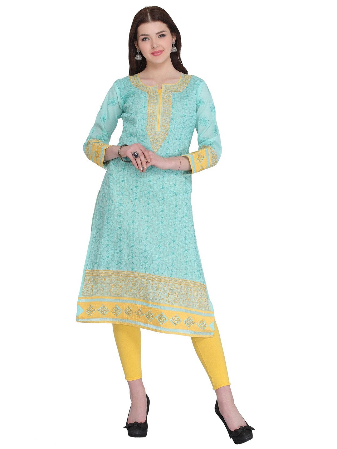 Ada Hand Embroidered Sea Green Cotton Lucknow Chikan Kurta A273424