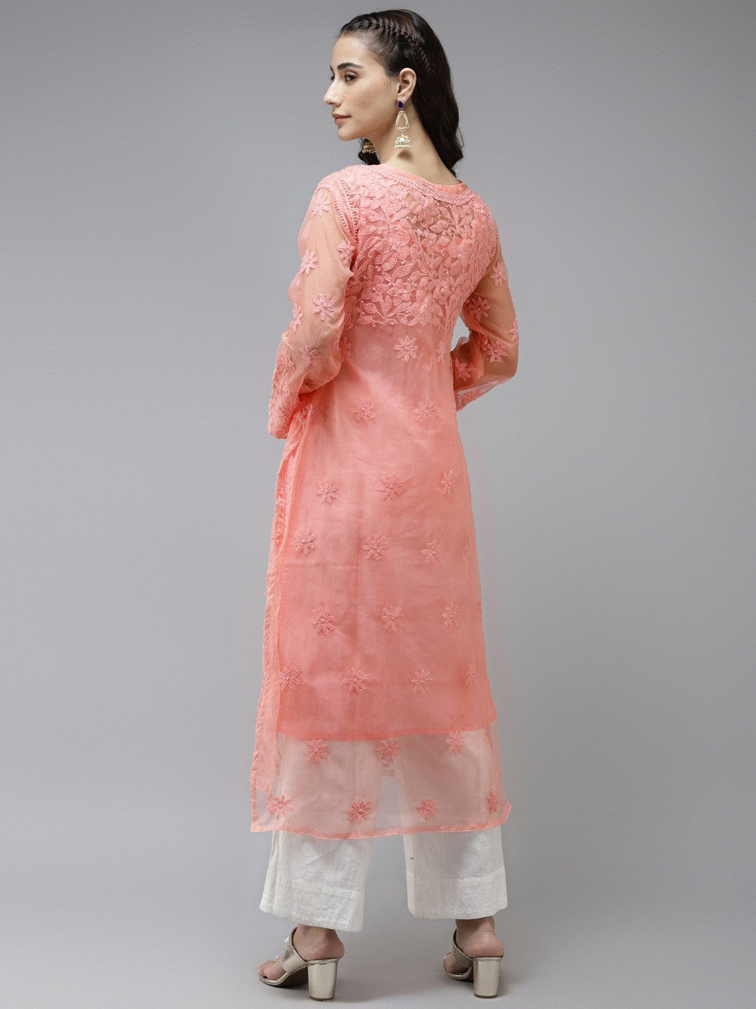 Ada Hand Embroidered Peach Organza Lucknowi Chikankari Straight Kurta With Slip- A411238