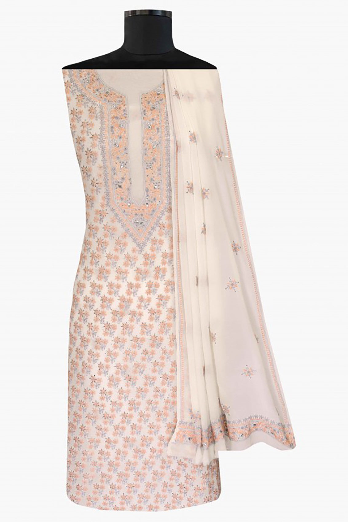 Ada Hand Embroidered Off White Pure Georgette Lucknowi Chikankari Unstitched Kurta Dupatta Set With Muqaish Work A164543