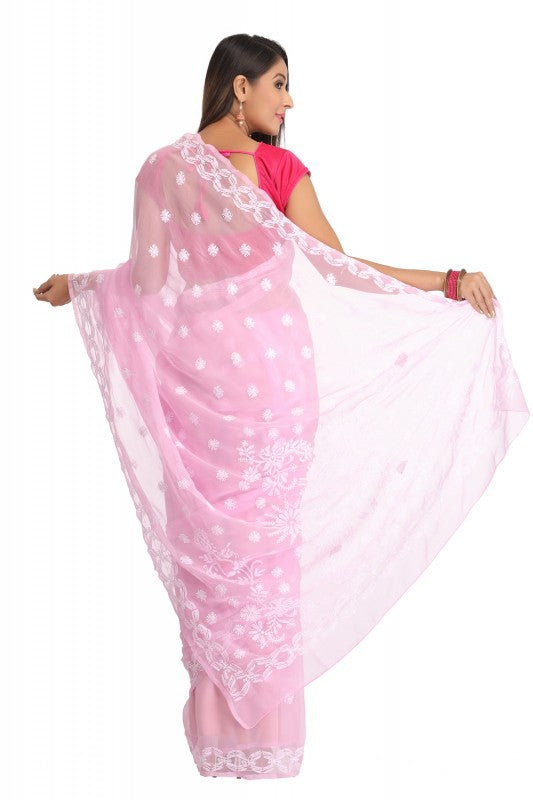Ada Hand Embroidered Pink Georgette Lucknow Chikan Saree with Blouse A129553
