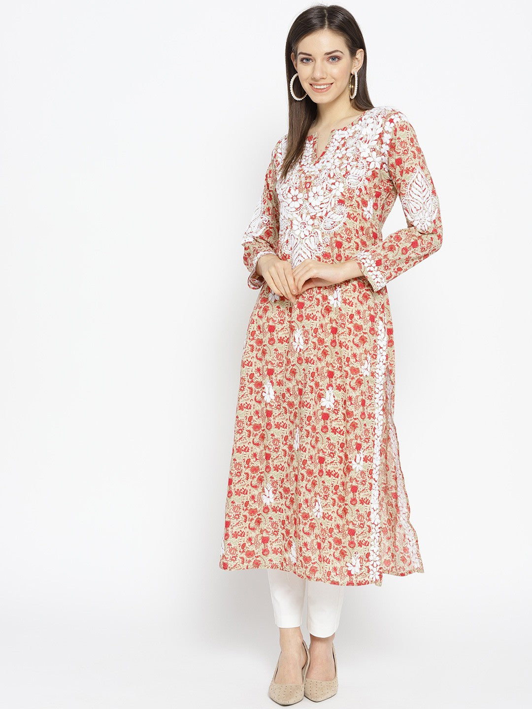 Ada Hand Embroidered Fawn Red Cotton Lucknow Chikankari Kurta- A100030