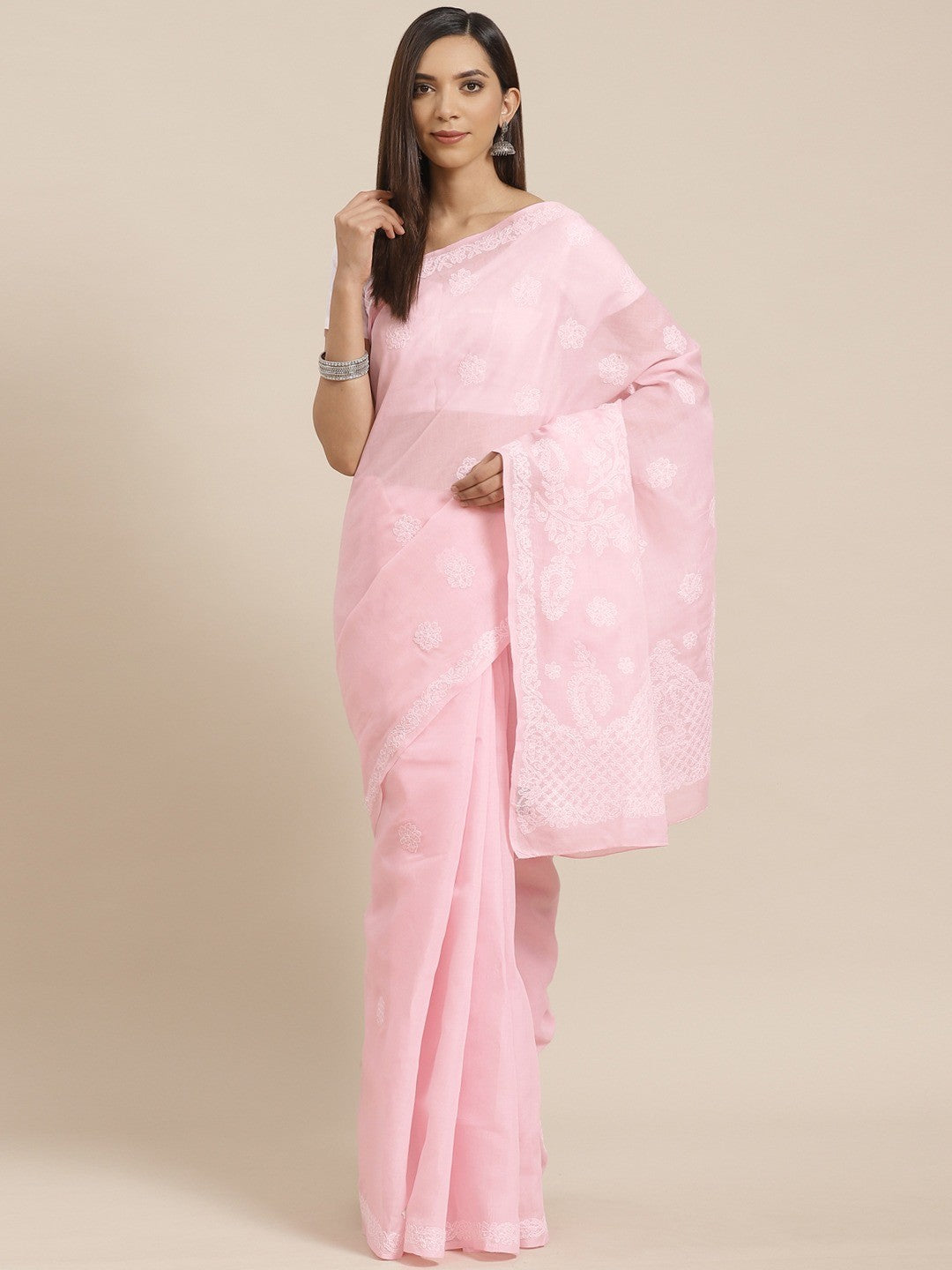 Ada Hand Embroidered Pink Cotton Lucknow Chikan Saree With Blouse- A311151
