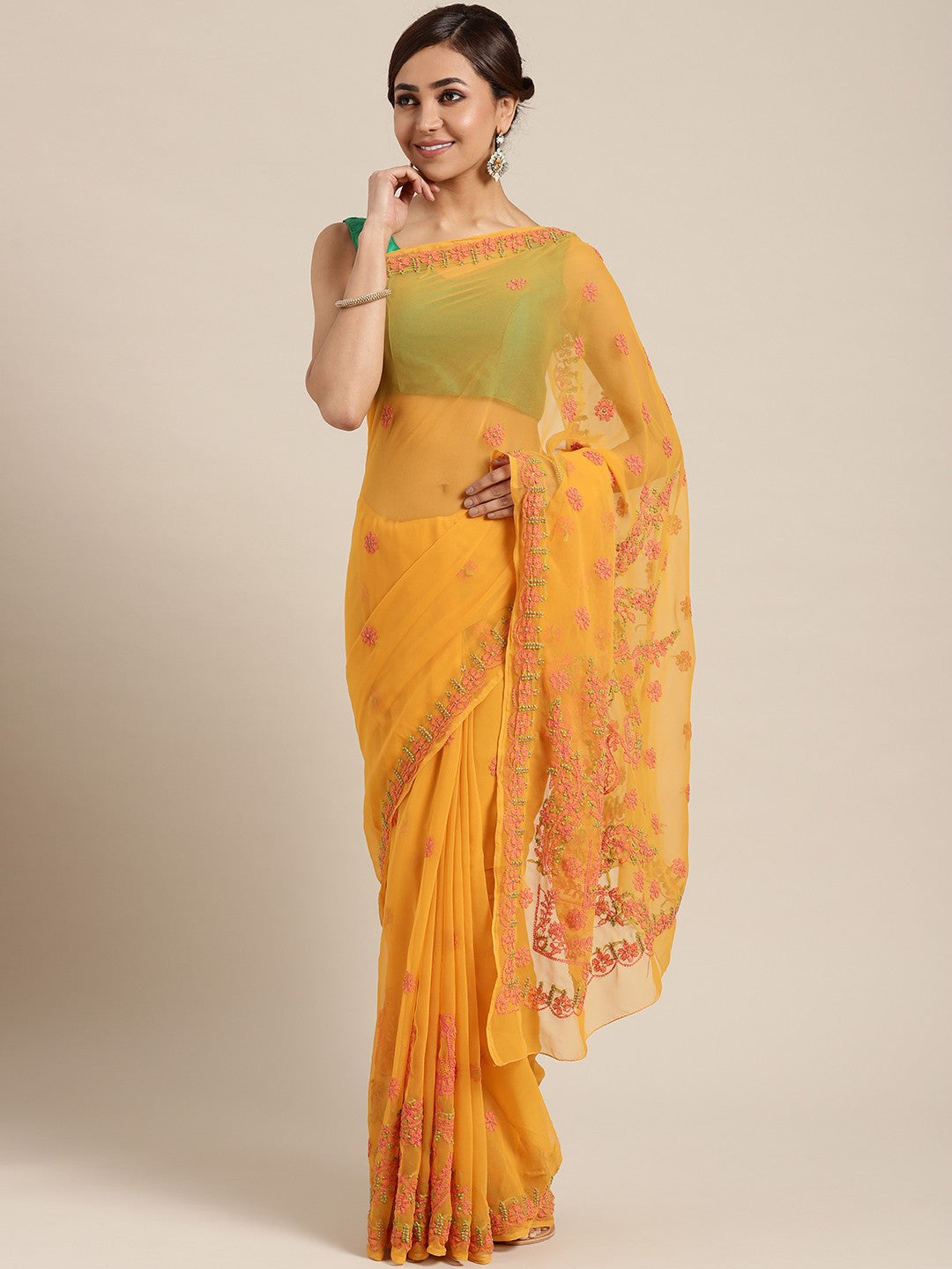 Ada Hand Embroidered Mustard Georgette Lucknow Chikan Saree With Blouse-A100063