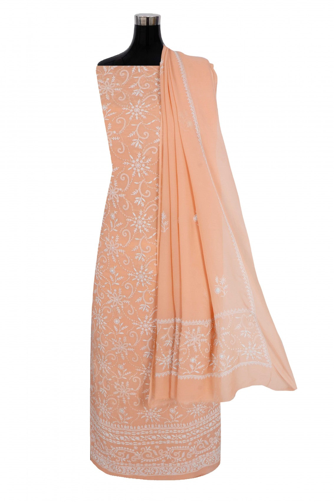 Ada Hand Embroidered Peach Pure Georgette Lucknowi Chikankari Unstitched Kurta Dupatta Set A460730