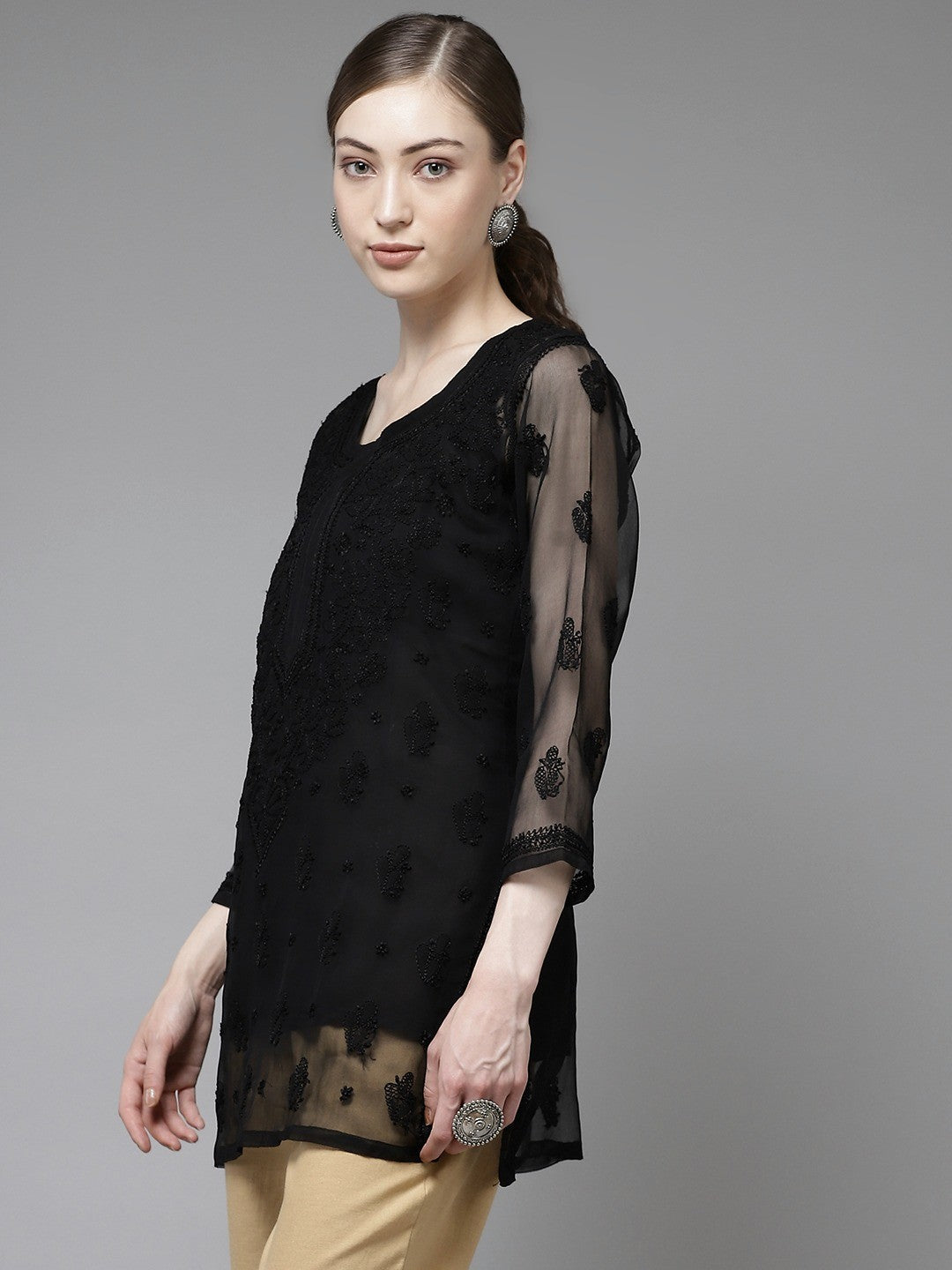 Ada Hand Embroidered Black Georgette Lucknow Chikan Kurti with slip A911139