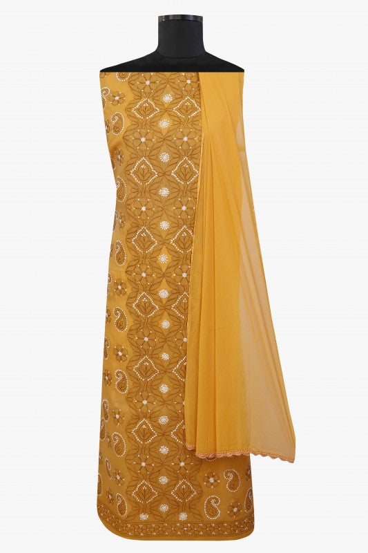 Ada Hand Embroidered Mustard Cotton Lucknowi Chikan Unstitched Suit Piece–A100173