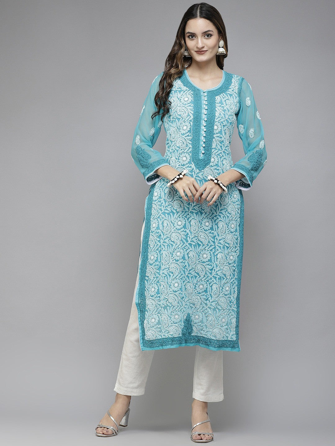 Ada Hand Embroidered Turquoise Blue Georgette Lucknowi Chikankari Straight Kurta With Slip A225706