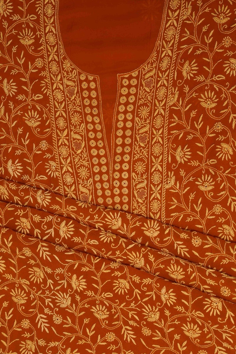 Ada Hand Embroidered Rust Pure Georgette Lucknowi Chikan Unstitched Kurta Dupatta Set A480978