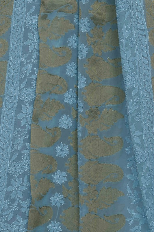 Ada Hand Embroidered Sapphire Blue Georgette Lucknowi Chikankari Saree With Blouse- A586827