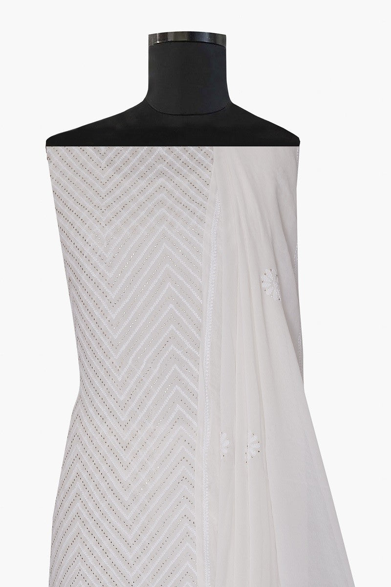 Ada Hand Embroidered White Pure Georgette Lucknowi Chikan Unstitched Kurta Dupatta with Muqaish Work– A590754