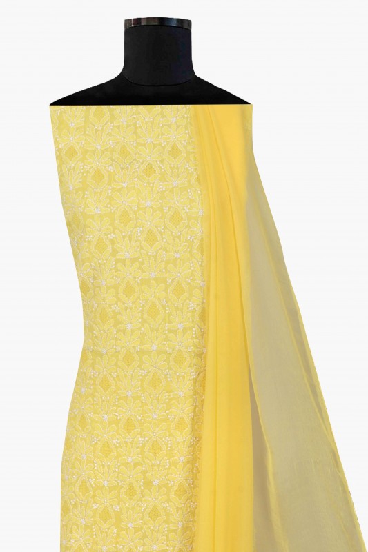 Ada Hand Embroidered Bright Yellow Cotton Lucknowi Chikankari Unstitched Suit Piece 01A39174