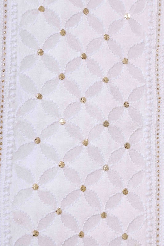 Ada Hand Embroidered White Pure Georgette Lucknowi Chikankari Unstitched Kurta Dupatta Set With Muqaish Work 01A124386