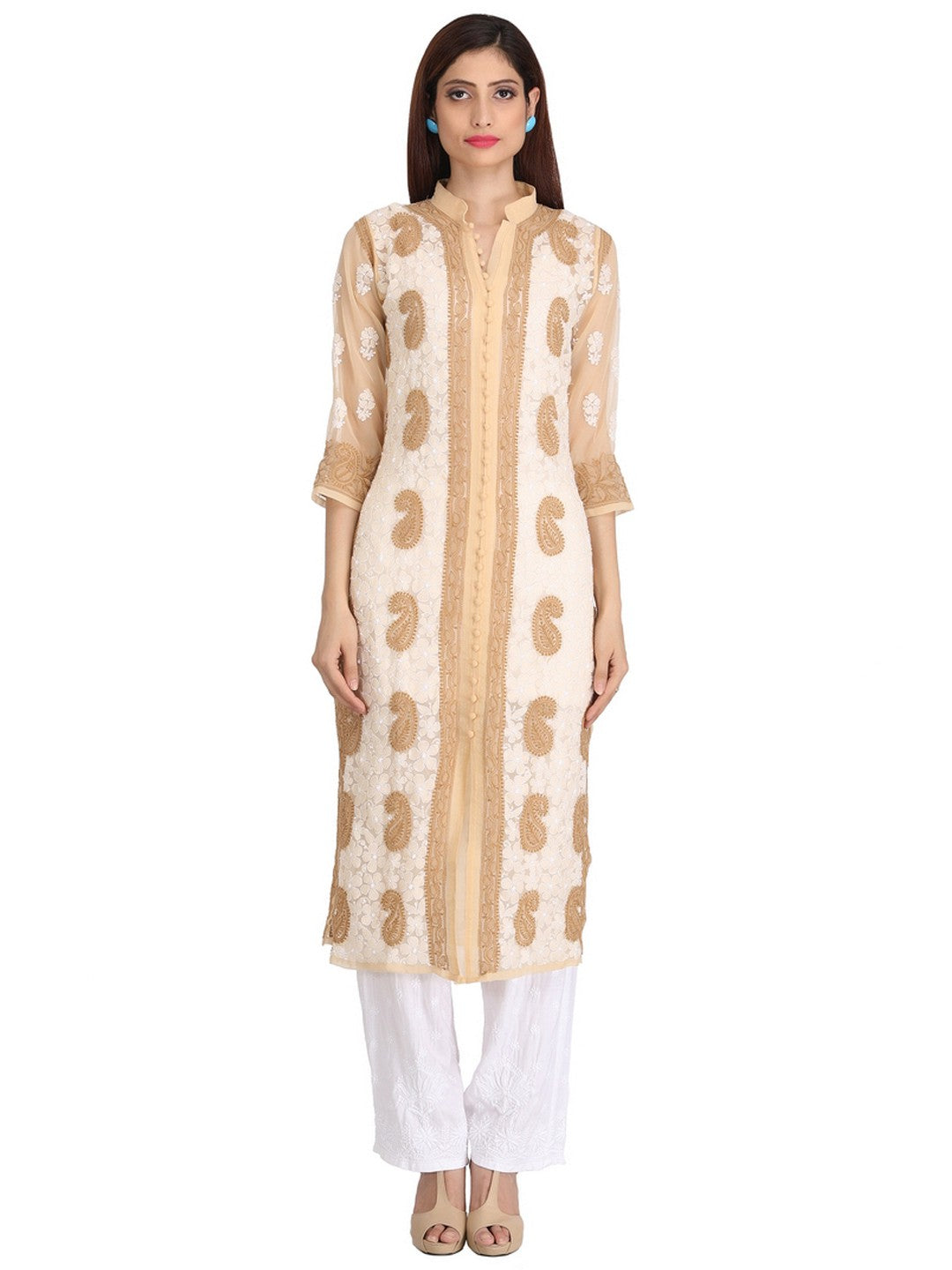 Ada Hand Embroidered Fawn Georgette Lucknow Chikan Straight Kurta A227262