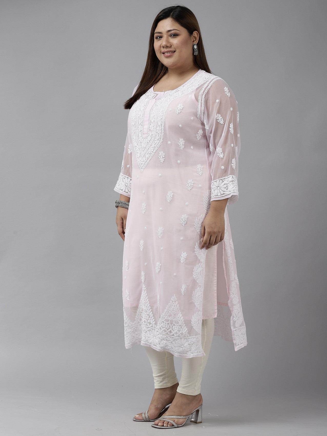Ada Hand Embroidered Powder Pink Georgette Lucknowi Chikankari Straight Kurta with Slip A411208