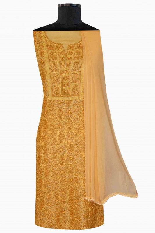 Ada Hand Embroidered Mustard Tusser Silk Lucknowi Chikan Unstitched Suit Piece-A508216