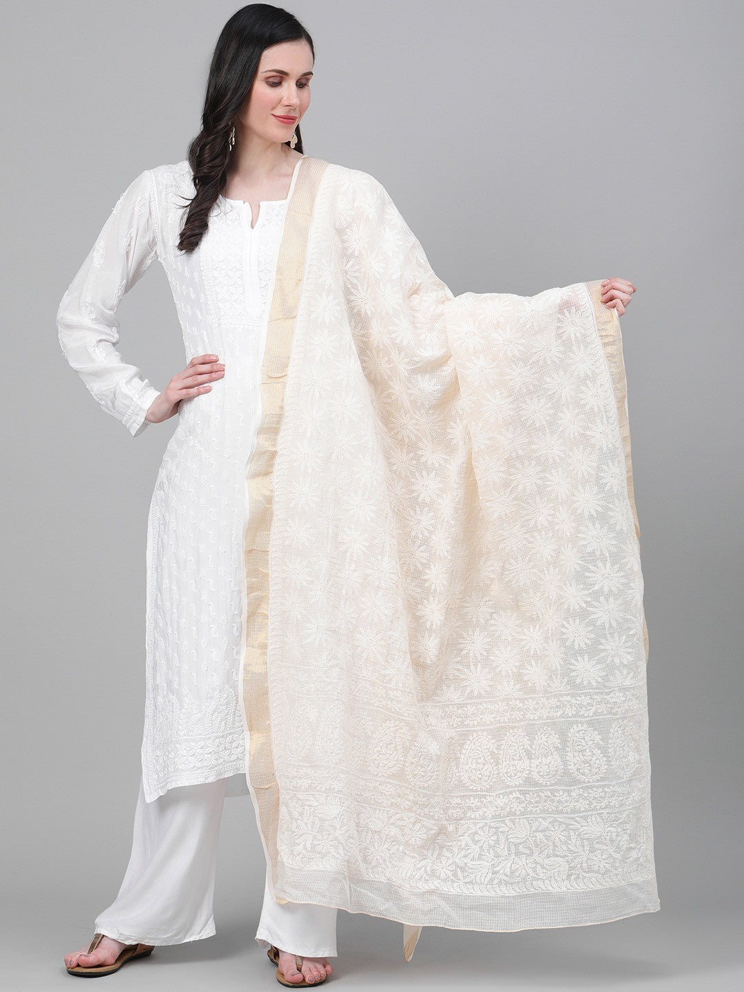 Ada Hand Embroidered Beige Kota Lucknowi Chikankari Dupatta-A511158