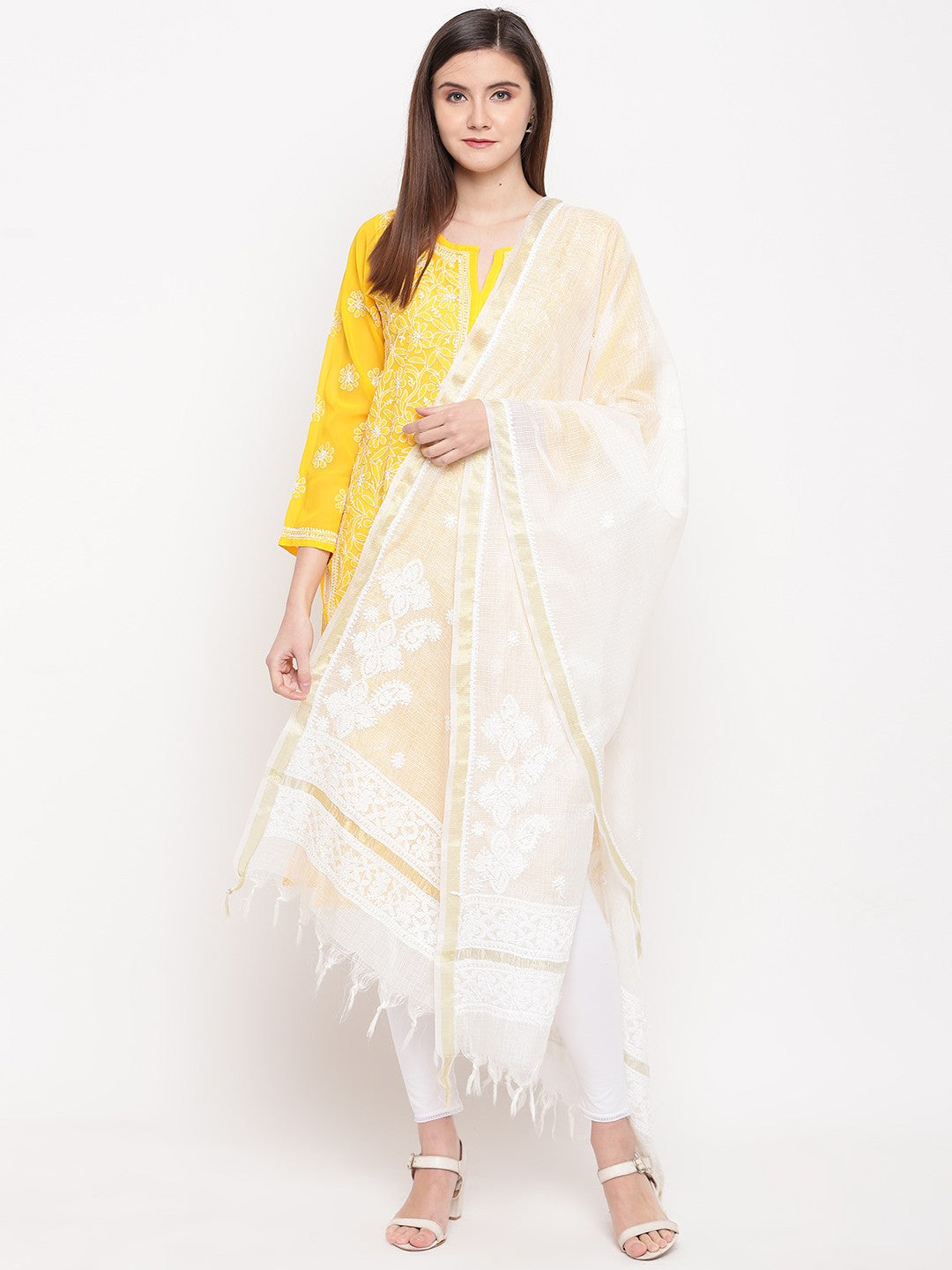 Ada Hand Embroidered Kota Lucknowi Chikankari Dupatta-A100270