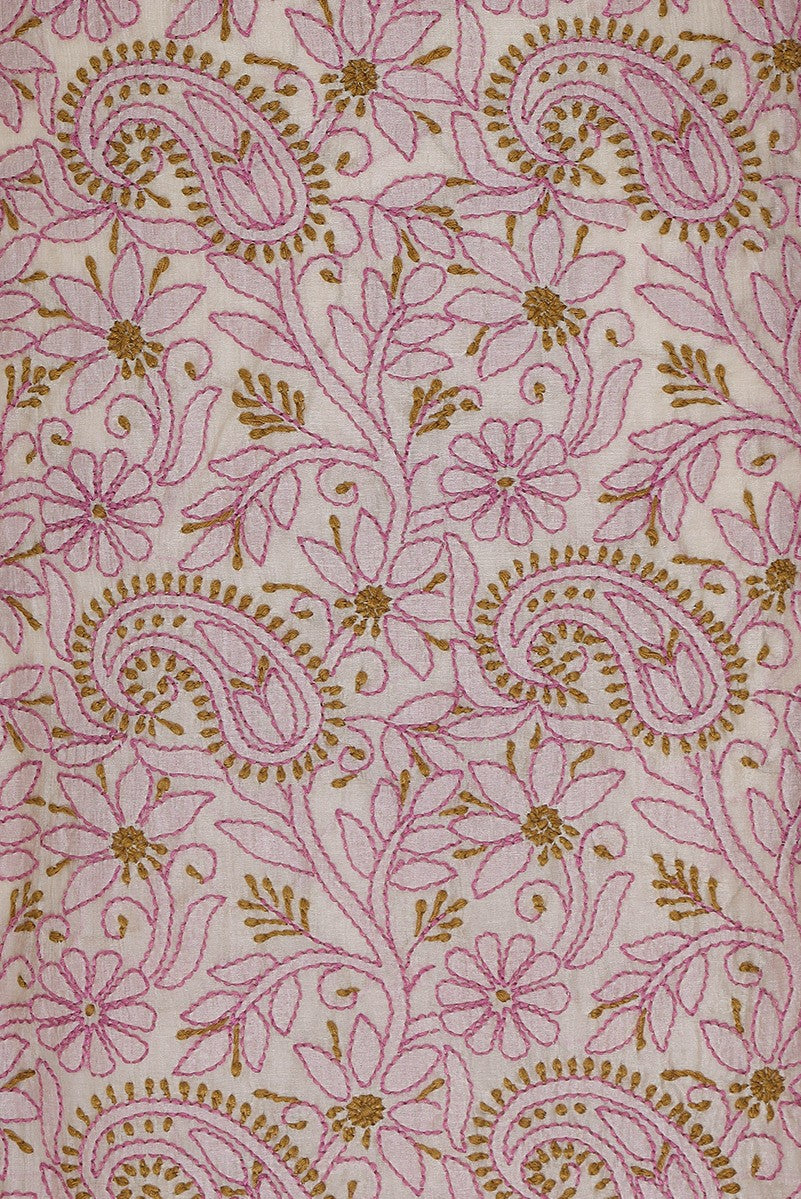 Ada Hand Embroidered Natural Cream Tusser Silk Lucknowi Chikan Unstitched Suit Piece- A609356