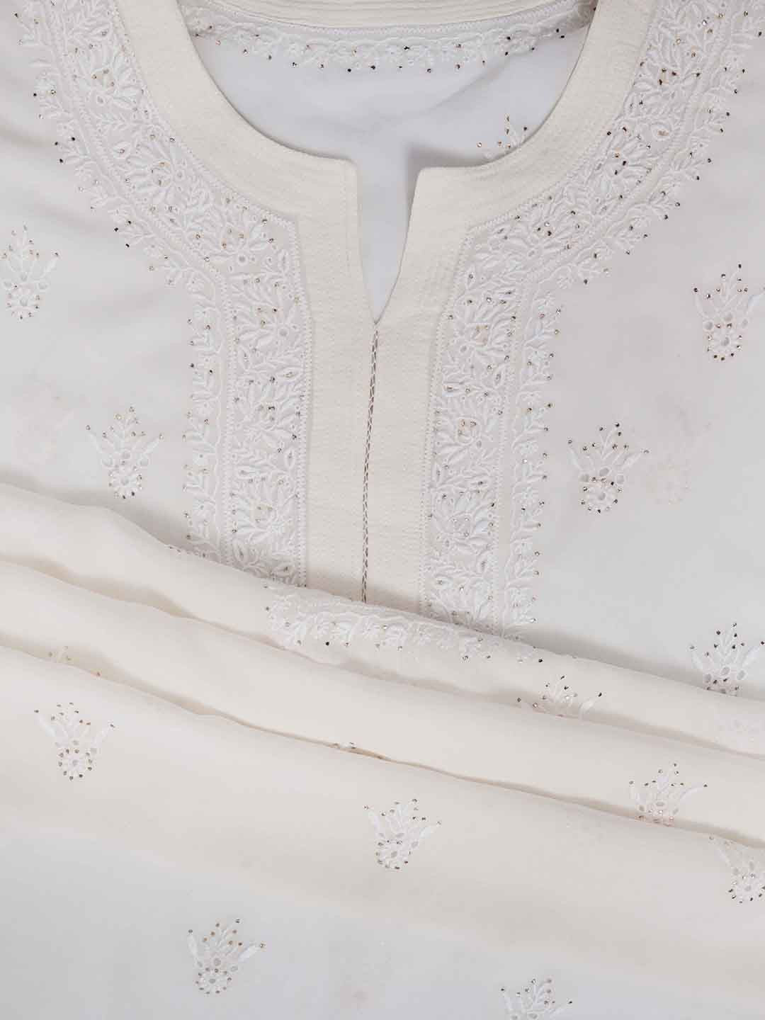 Ada Hand Embroidered White Pure Georgette Lucknowi Chikan Semi-stitched Kurta Piece With Muqaish Work A353877