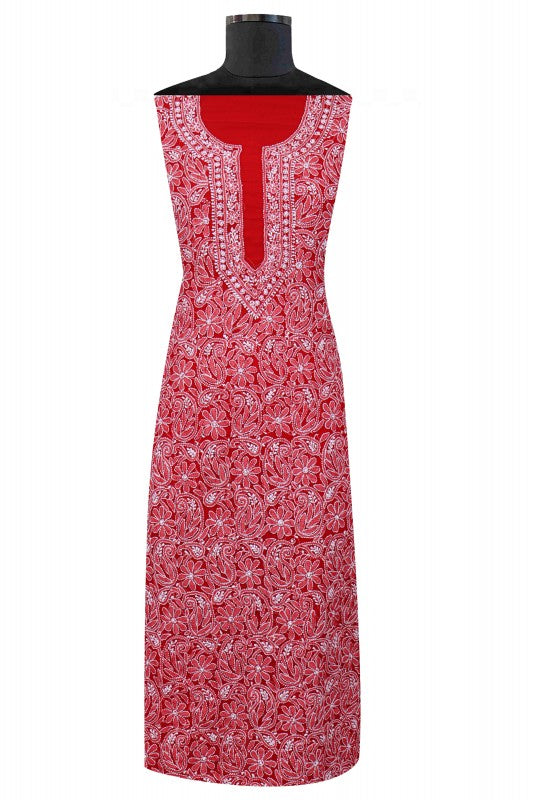 Ada Hand Embroidered Red Georgette Lucknowi Chikan Unstitched Suit Piece A516825