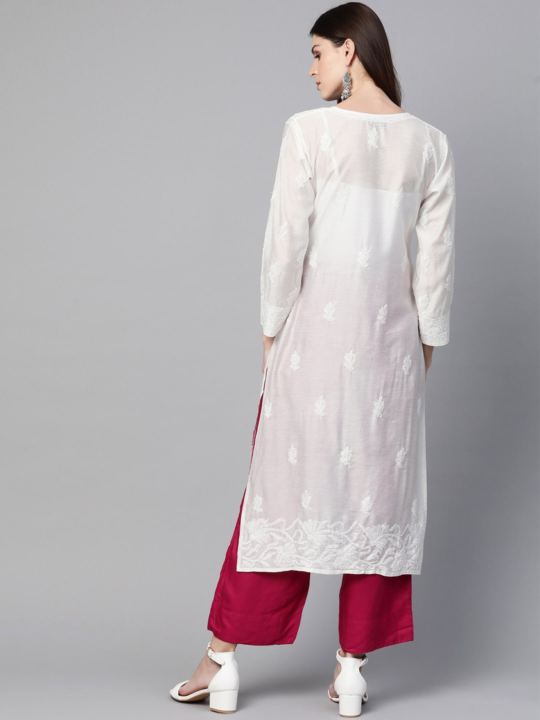 Ada Hand Embroidered White Chanderi Lucknow Chikankari Kurta -A100422