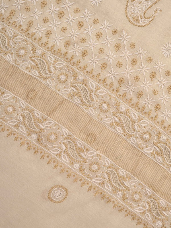 Ada Hand Embroidered Natural Fawn Tissue Lucknowi Chikankari Saree/Blouse With Zari Work A606168