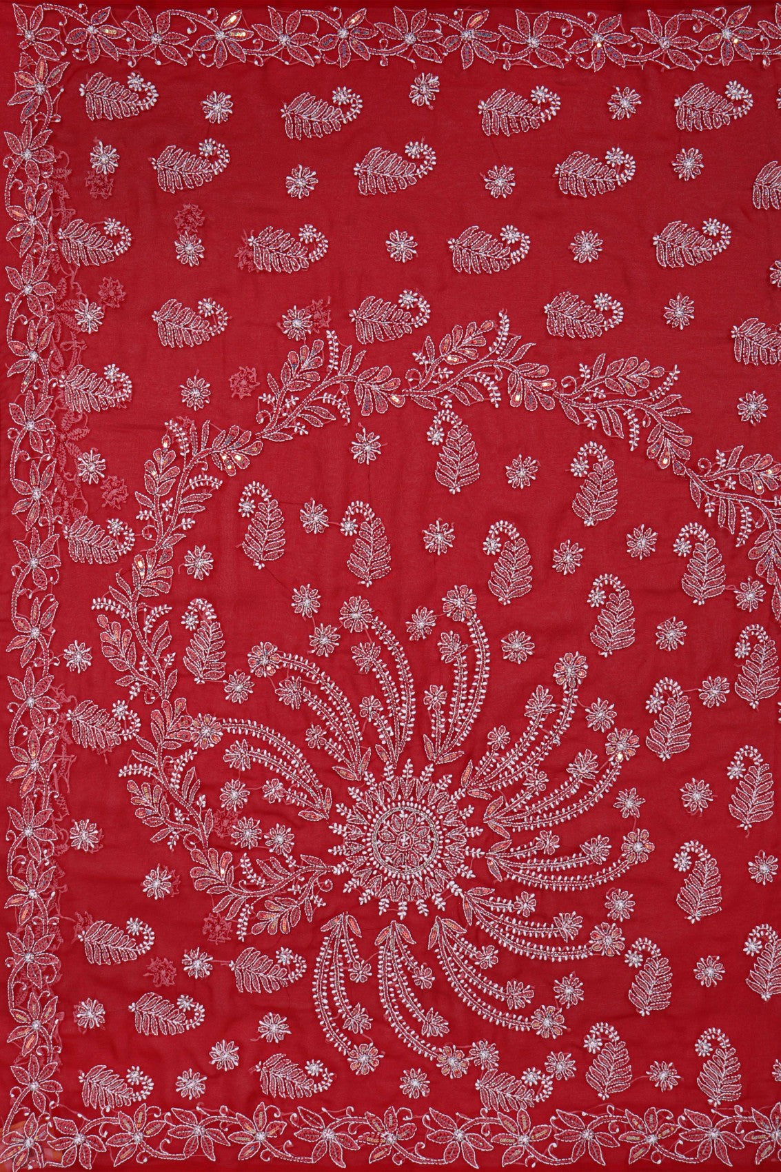 Ada Hand Embroidered Red Georgette Lucknowi Chikankari Saree/Blouse With Cutdana Work 01A194046