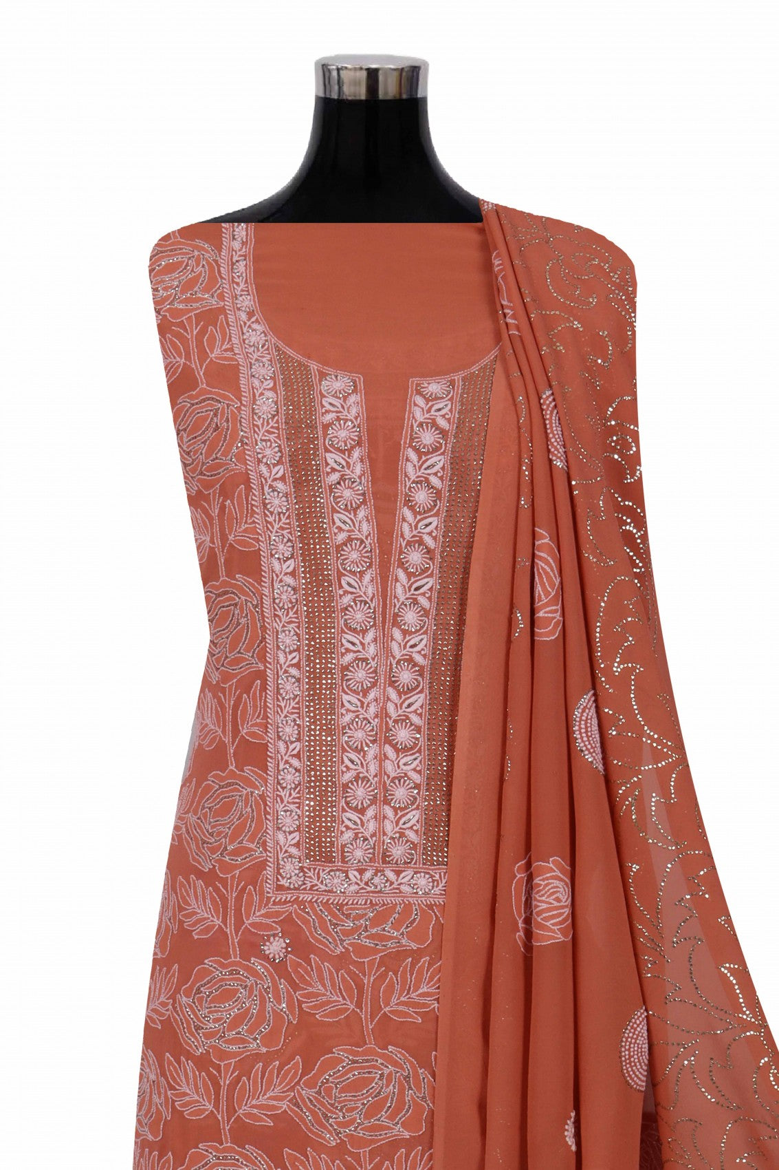 Ada Hand Embroidered Rust Pure Georgette Lucknowi Chikankari Unstitched Suit Piece With Muqaish Work A561330